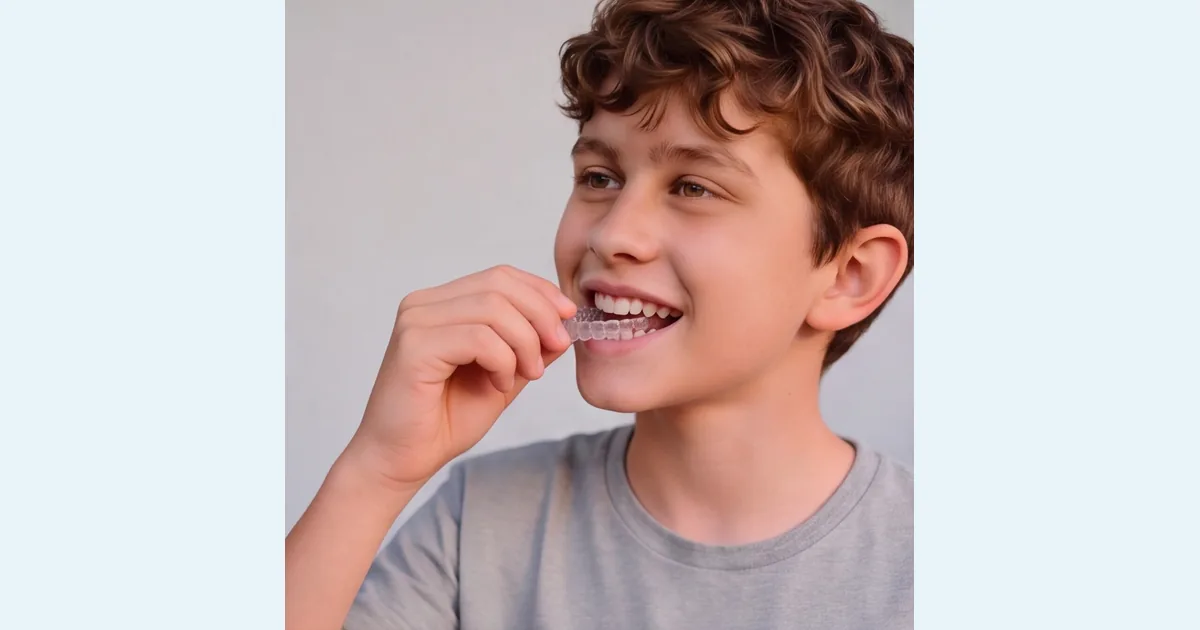 Creativo oficial KeepSmiling Teens con adolescente colocándose un alineador